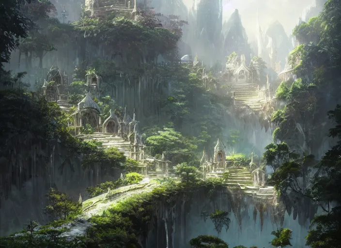 Prompt: A beautiful elven city made of ivory, anime, lush trees, fountain, built into the side of a cliff, a fantasy digital painting by Greg Rutkowski and James Gurney, trending on Artstation, highly detailed