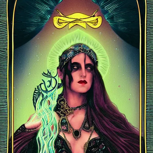 Prompt: “ tarot card of a very beautiful evil gypsy sorceress, performing dark magic, ominous supernatural glow from body, art nouveau style, ornate border, 8 k, hyper realistic, highly detailed, featured on artstation ”