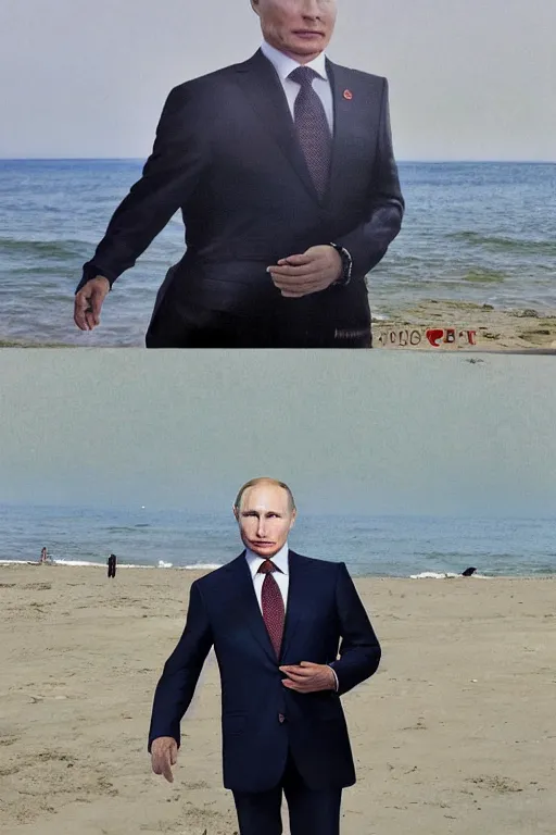 Image similar to Putin on a beach, full character, hyper realistic, highly detailed