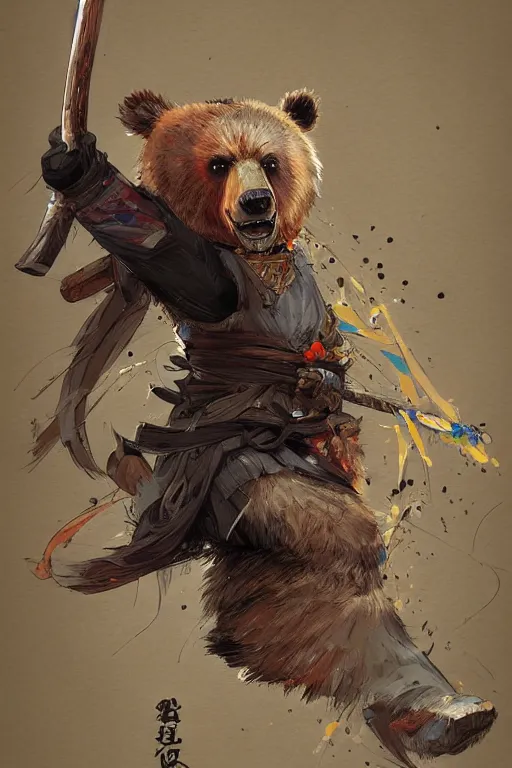 Image similar to professional digital art manga anime rendering of a bear dressed as a ninja fighting with a katana. colorful design. higly detailed, intricate, greg rutkowski, anime manga style, trending on art station.