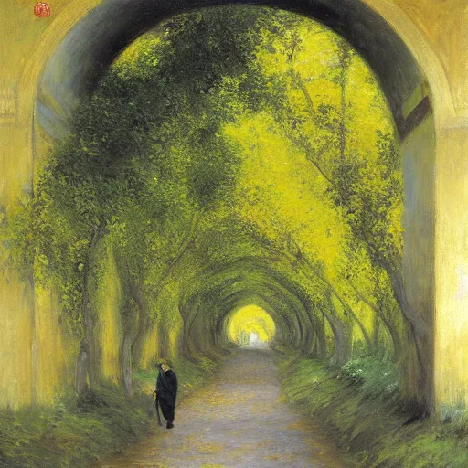 Prompt: an infinite archway tunnel of laburnum trees in bloom painted by emile friant