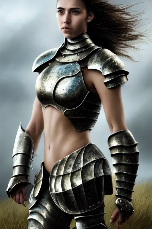 Image similar to a photorealistically painted portrait of an attractive young girl, partially clothed in metal-plated battle armor, standing in front of a vast landscape, flawless olive skin, fair complexion, long dark hair, beautiful bone structure, perfectly symmetric facial features, perfect photorealistic eyes, natural physique, intricate, elegant, digital painting, concept art, finely detailed, beautifully illustrated, sharp focus, minimal artifacts, volumetric lighting, from Metal Gear, by Ruan Jia and Mandy Jurgens and Artgerm and William-Adolphe Bouguerea, in the style of Greg Rutkowski, trending on Artstation, award winning art