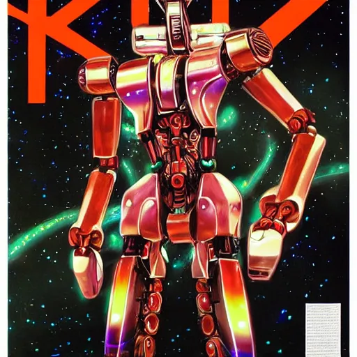 Image similar to portrait of the full - metal mecha nature - loving robot orion in electrical wired neon iridescent outfit, the robot holds the source code of the world, hanafuda cover illustration for vogue by yoji shinkawa, esao andrews and yoshitaka amano