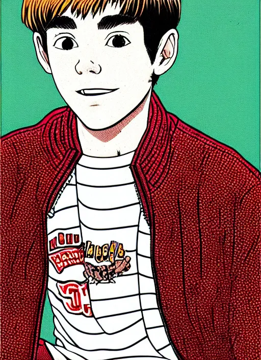 Image similar to portrait of teenage archie andrews, freckles, varsity jacket, intricate, highly detailed, illustration, art by junji ito, junji ito