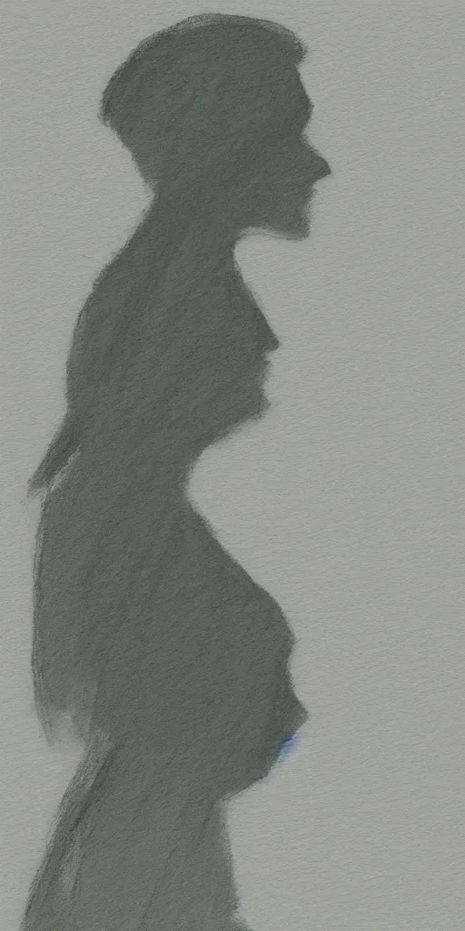 Image similar to side profile of woman in shadow overlooking a green hillside, white chalk outline in the distance, sun shining and clouds in the sky sketch quality or painting