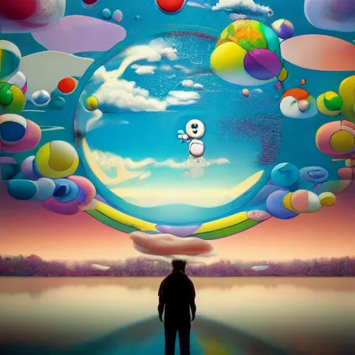 Image similar to a man walking on clouds away from the camera above a lake by takashi murakami, beeple and james jean, aya takano color style, 4 k, super detailed, modern, 4 k, symmetrical