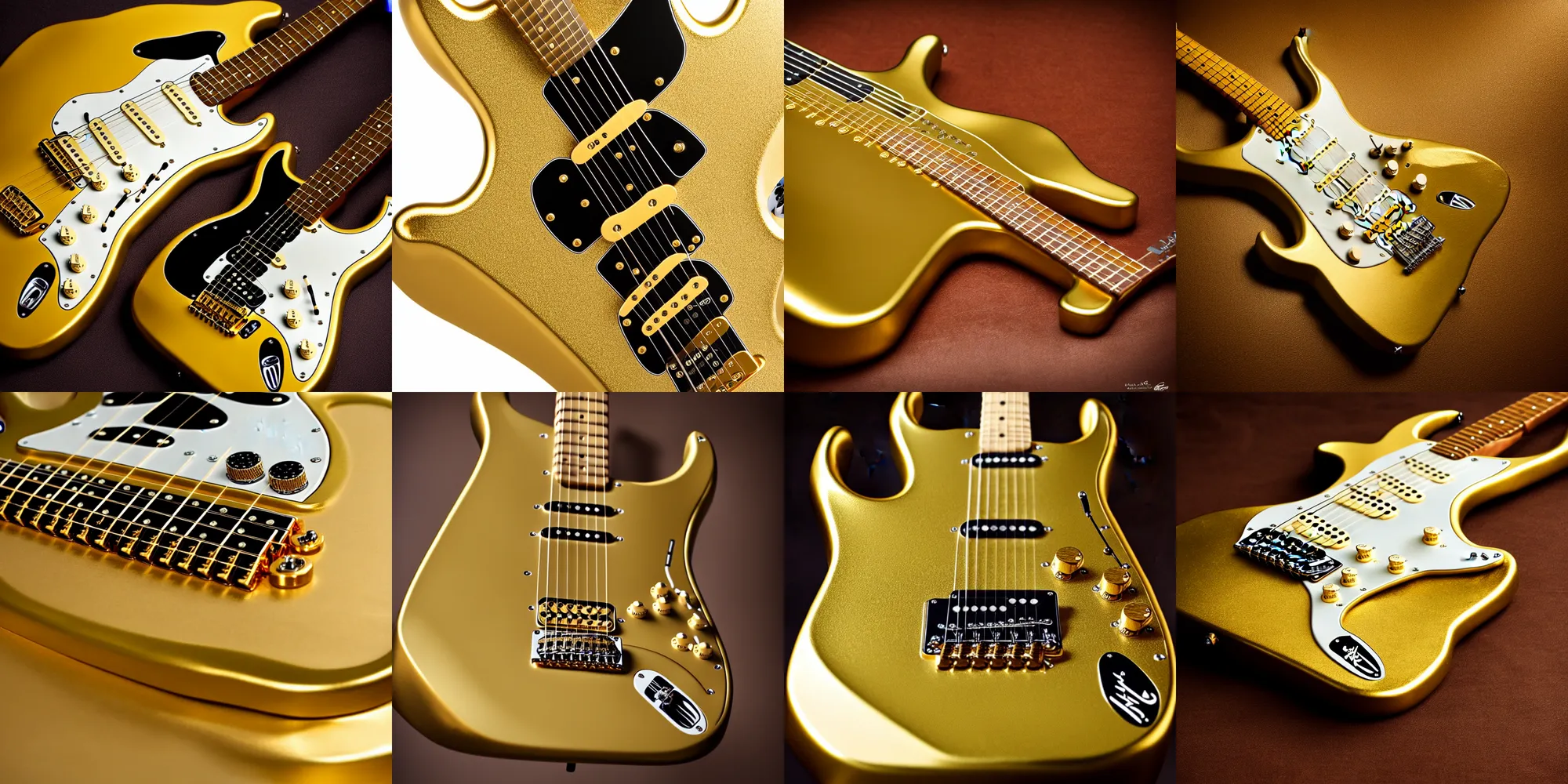 Prompt: “fender Stratocaster made from solid gold, symmetrical, beautiful, golden ratio, DSLR product photo”