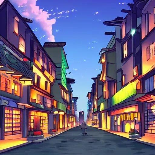 Prompt: beautiful anime scenery, city street at dusk