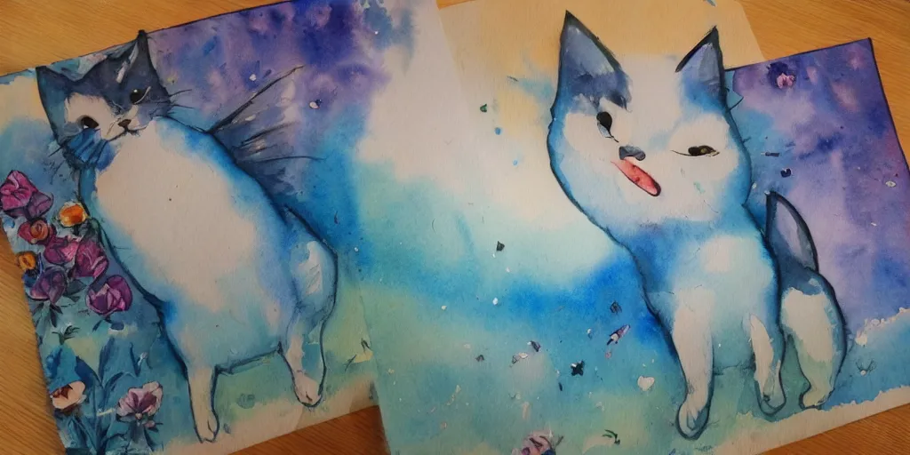 Image similar to watercolor illustration style, flying cute cats with blue wings