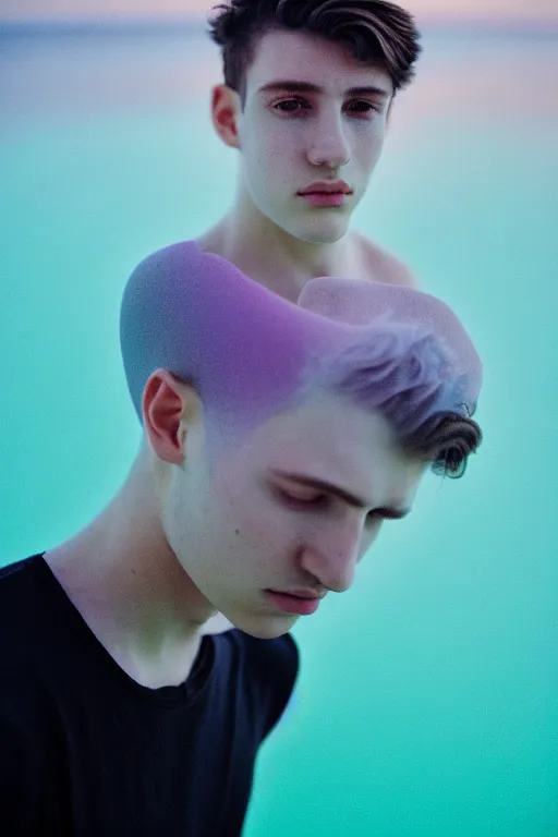 Image similar to high quality pastel coloured film mid angle docu photograph of a beautiful young 2 0 year old male, soft features, short black hair, wearing clothing, falling in an icelandic black rock pool environment. atmospheric. three point light. photographic. art directed. ( pastel colours ). volumetric light. clearcoat. waves glitch. 8 k. filmic.