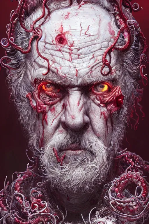 Image similar to realistic portrait of beautifully crystalized and detailed portrait of a zombie old man, tentacles, matte painting of cinematic movie scene red dragon, horror, created by gustave dore and greg rutkowski, high detailed, smooth draw, synthwave neon retro, intricate, realistic proportions, dramatic lighting, trending on artstation.