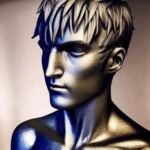 Image similar to “a realistic detailed photo of a guy who is an attractive humanoid who is half robot and half humanoid, who is a male android, twitch streamer Ninja Tyler Blevins, shiny skin, posing like a statue, blank stare”