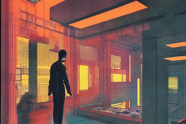 Image similar to 1979 OMNI Magazine Cover of an ornate oriental office with a window to neo-Tokyo streets in cyberpunk style by Vincent Di Fate