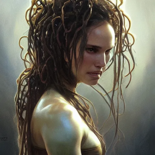 Image similar to a portrait of natalie portman as medusa in dramatic lighting, interior background, artstation, award - winning realistic sci - fi concept art by jim burns and greg rutkowski, beksinski, a realism masterpiece, alphonse mucha,