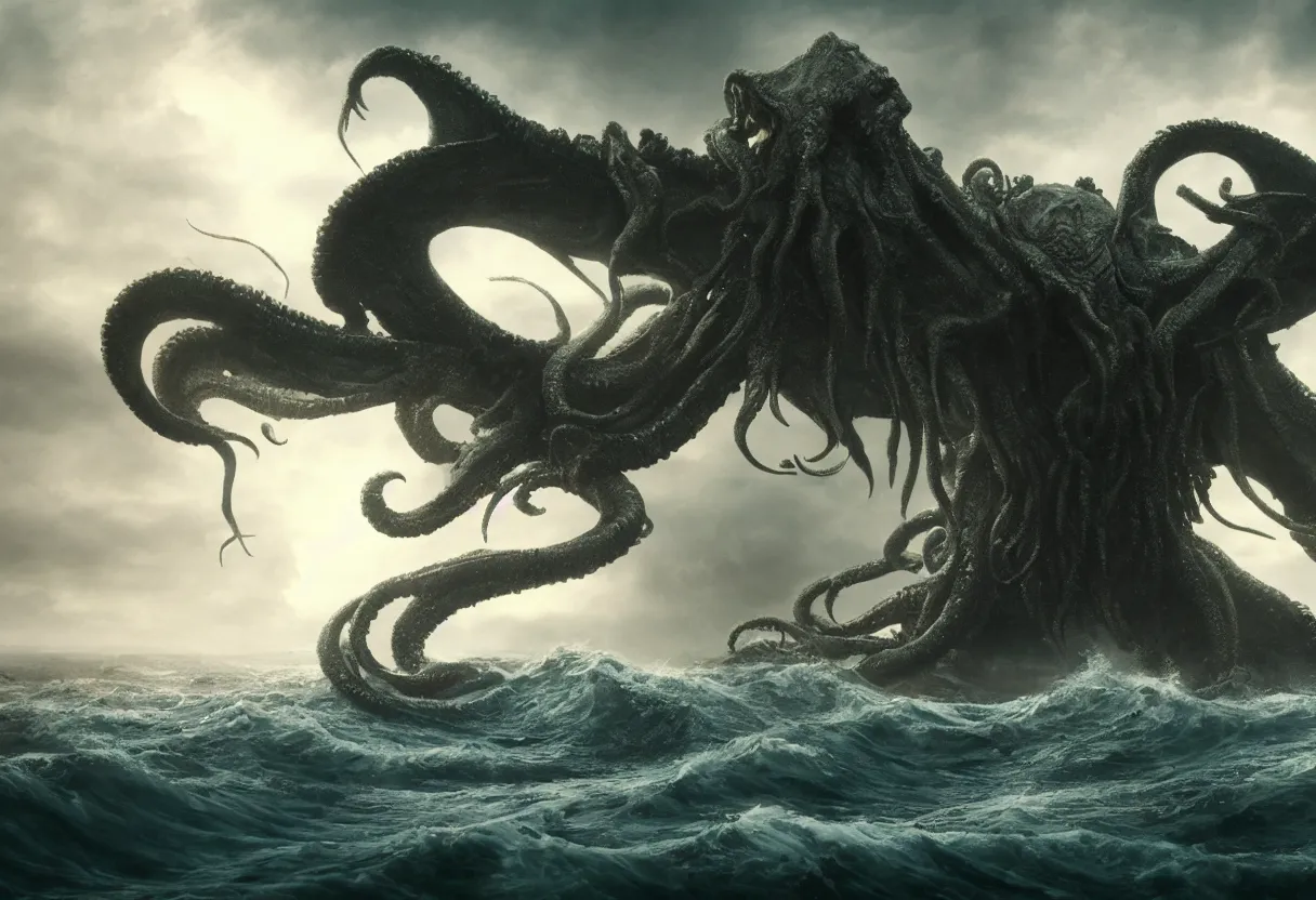 Image similar to concept art of cthulhu emerging from the ocean, omnious old photo, cinematic lighting, apocalyptic, atmospheric, hyper realism, realistic, octane render, dramatic lighting, highly detailed, cinematic