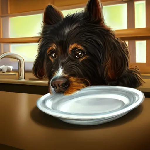 Image similar to a dog washing dishes, elegant, intricate, highly detailed, digital painting, artstation, concept art, sharp focus, illustration, 8 k