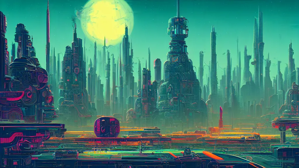 Prompt: retro robot city at the other side of nowhere, sharp digital painting. dreaming latent space. concept art. artstation. casey weldon. digital render. dan mumford. clean retro. bruce pennington.