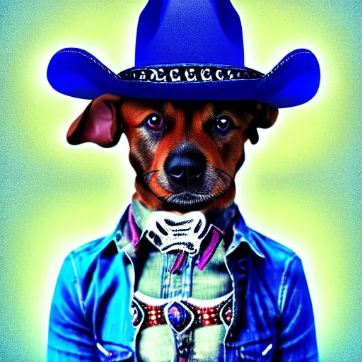 Image similar to a cute dog wearing a cowboy hat,pale colors, in style of deep dream