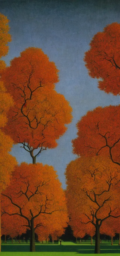 Prompt: Sunset on an autumn day in the park by Rene Magritte