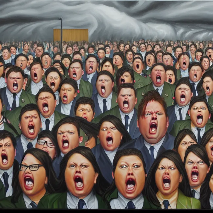 Image similar to an army of angry karens storm the manager's office, photorealism, oil on canvas, comedy, dramatic