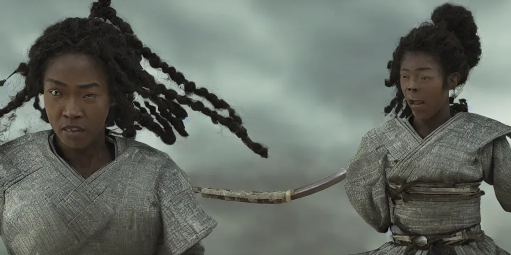 Image similar to a film still of a black woman starring in a japanese blockbuster film as ancient samurai, levitating mid air, intense, shallow depth of field, cinematic, award winning cgi, vfx, film still