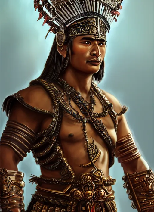 Prompt: smart tai warlord, ayothaya, closeup portrait, without beard and mustache, historical hero, ethnic group, tai costume, tai traditional bronze headdress, intricate, with leather armor cross on bare chest, elegant, loin cloth, highly detailed, oil painting, artstation, concept art, matte, sharp focus, illustration, hearthstone, art by earl norem