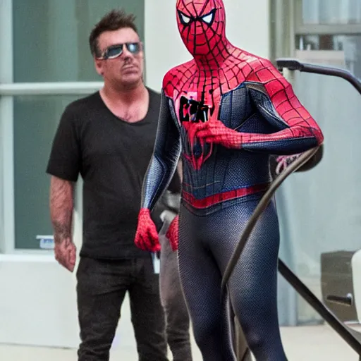 Image similar to till lindemann in costume of spider man