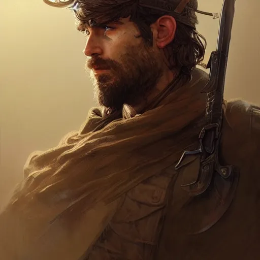 Image similar to portrait of a rugged male ranger looking back, masculine, D&D, muscular, fantasy, intricate, elegant, highly detailed, digital painting, artstation, concept art, smooth, sharp focus, illustration, art by artgerm and greg rutkowski and alphonse mucha