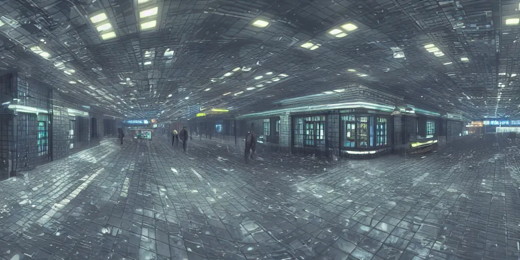 Image similar to equirectangular projection grid of a futuristic bladerunner cyberpunk trainstation in the rain at night, volumetric lighting 4K Spherical Panorama RealityEngine PhotoRender hyperdetailed cinematic