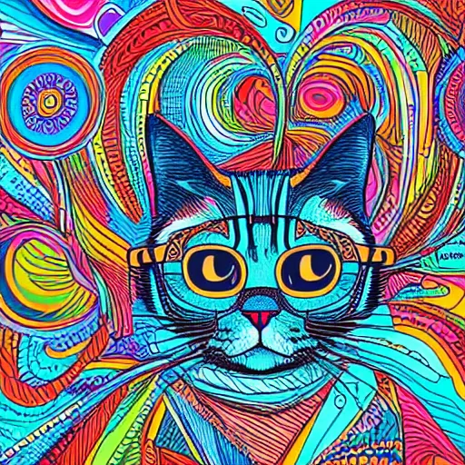 Prompt: portrait of hipster cat, highly detailed, colorful, illustration, smooth and clean vector curves, no jagged lines