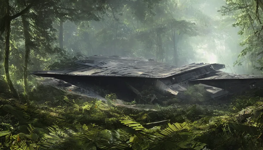 Image similar to a beautiful painting of a crashed star destroyer ione drive in a lush jungle, ray traced lighting by kalin popov and greg rutkowski