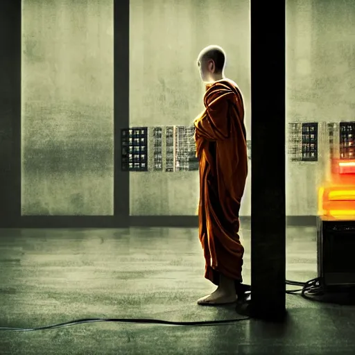 Prompt: a single monk kneeling with wires connecting him to a computer, nirvana, machines and wires everywhere, flashing neon lights, creepy, dark shadowy surroundings, dystopian scifi, horror, stefan koidl inspired, 4 k