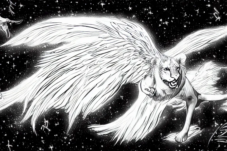 Image similar to angelic majestic winged lioness flying in outer space, stars dotted in background, black and white ink on paper, thick thick thick outlines, 8k high quality detailed manga art, trending on art station and cgsociety, super wide angle, octane, by Eiichiro Oda