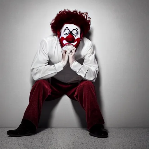 Image similar to photo of a clown crying in a corner