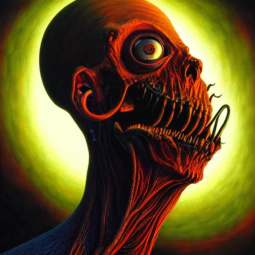 Image similar to illustration for a sci - fi contemporary horror novel called'eye - full of teeth ', a high quality high detail painting by david mattingly and alan lee and john zeleznik and dave mckean and richard corben, hd 4 k 8 k, realistic hyperdetailed scene painting, photorealistic lighting, modern supernatural urban horror aesthetic.