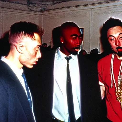 Prompt: old disposable camera picture with tupac shakur and elon musk smoking in soviet union, moscow, kremlin, very detailed, award winning professional photography