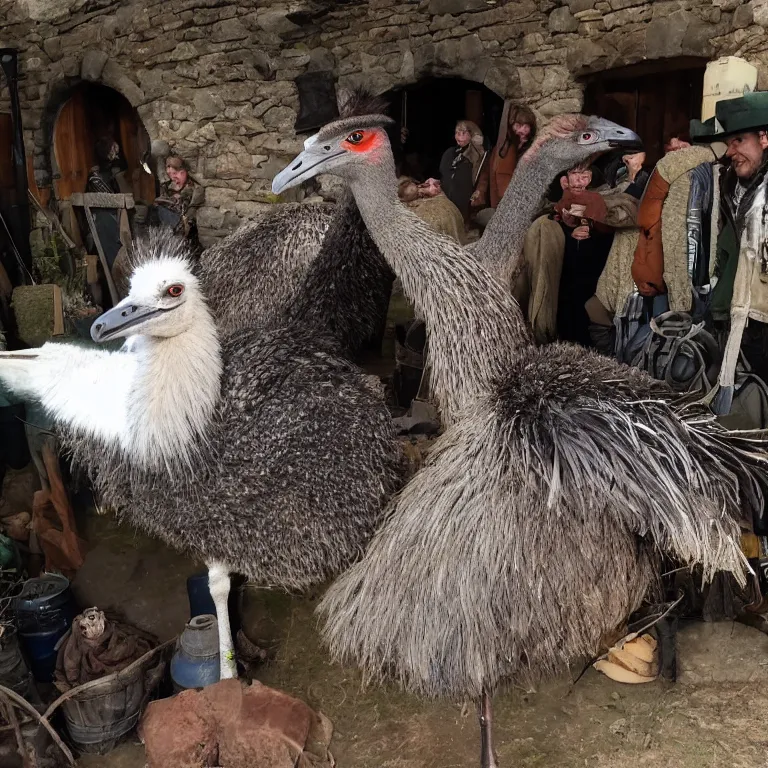 Prompt: an emu in the middle of a crowded hobbit tavern