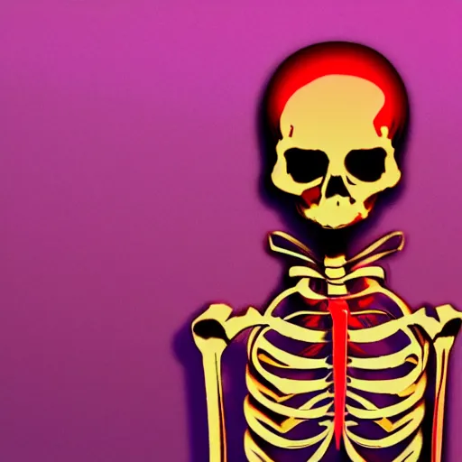 Prompt: A red skeleton infront of a vapourwave background