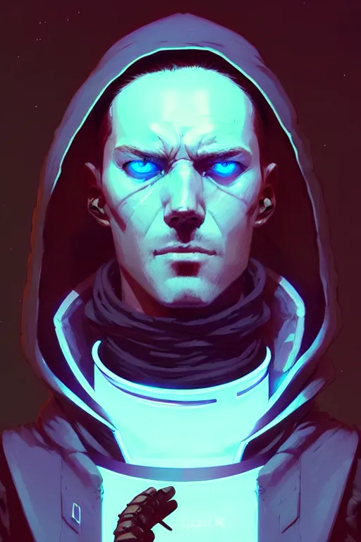 Image similar to cyberpunk synth, hyper - realistic portrait of a man in a hoodie, cyberpunk, by atey ghailan, by greg rutkowski, by greg tocchini, by james gilleard, by joe fenton, by kaethe butcher, dynamic lighting, gradient light blue, brown, blonde cream and white color scheme, grunge aesthetic