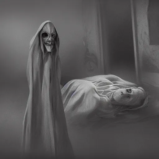 Image similar to nosferatu staying near body of dead woman, scary, dark, misty, at night, 8 k, detailed, concept art, trending on artstation