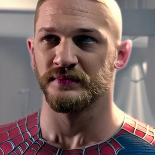 Image similar to film still of younger tom hardy as spiderman, 4k, photorealistic, hd, no mask