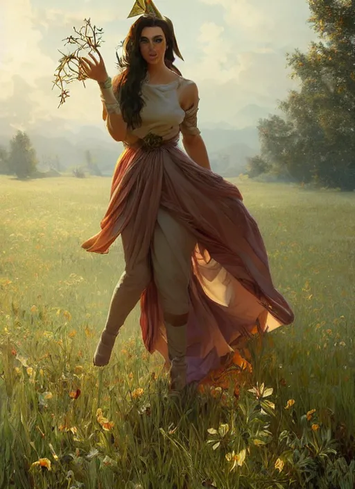 Image similar to Kim Kardashhian as a elf on a beutiful meadow, afternoon, art by Artgerm and Greg Rutkowski and Alphonse Mucha, DAZ, hyperrealistic, ambient light, dynamic light