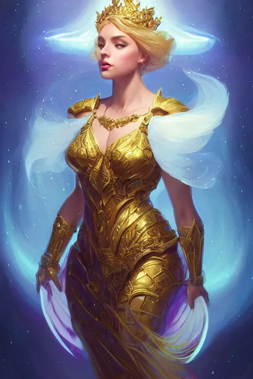 Prompt: beautiful female queen, full body shot, short hair, d & d, golden trims, ethereal background, aurora borealis, fantasy, intricate, elegant, highly detailed, digital painting, artstation, concept art, matte, sharp focus, illustration, hearthstone, art by artgerm and greg rutkowski and alphonse mucha