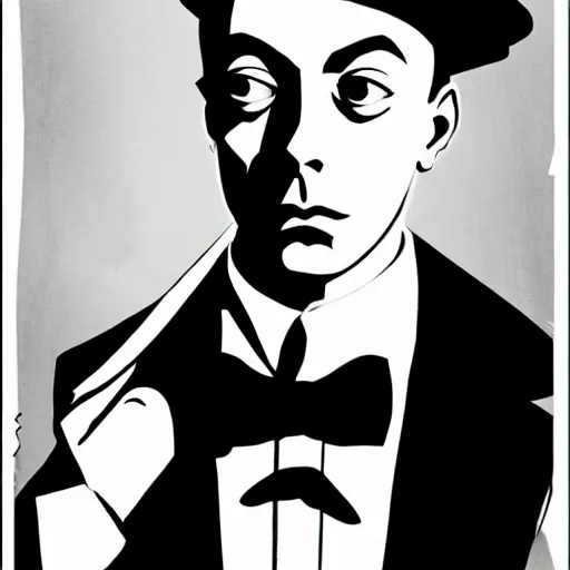 Image similar to portrait of young buster keaton, handsome, smooth, fine, striking features, anime fantasy illustration by araki hirohiko, lucky land communications, david production inc., kyoto studio, madhouse, ufotable, trending on artstation