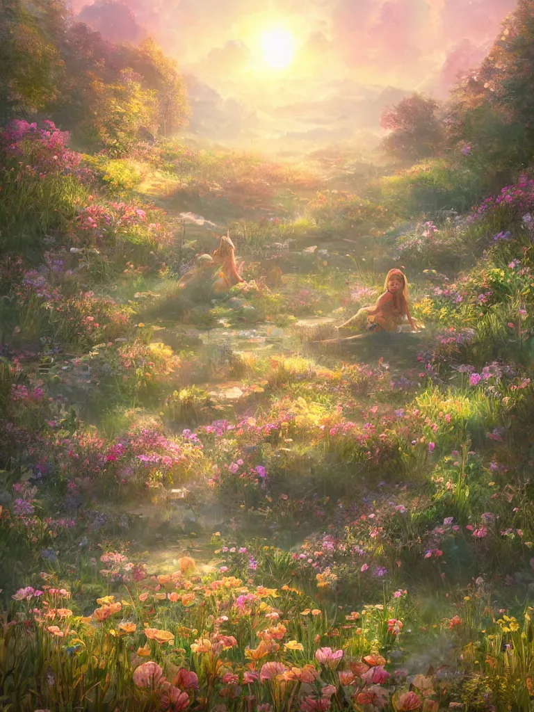 Prompt: a dream flower garden near a lakeside campsite environment where one draws mystical energy into their lives, background art, pristine concept art, small, medium and large design elements, golden hour, in the style of WLOP and Ross Tran
