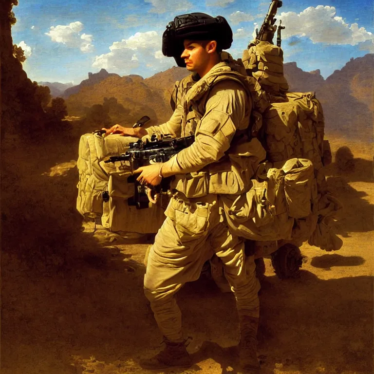 Prompt: portrait of a us soldier in afghanistan, majestic, posing, humvee, drones in the sky, desert, fine art portrait painting, strong light, clair obscur, by diego velazquez, by jean honore fragonard, by peter paul rubbens, by bouguereau, by caravaggio