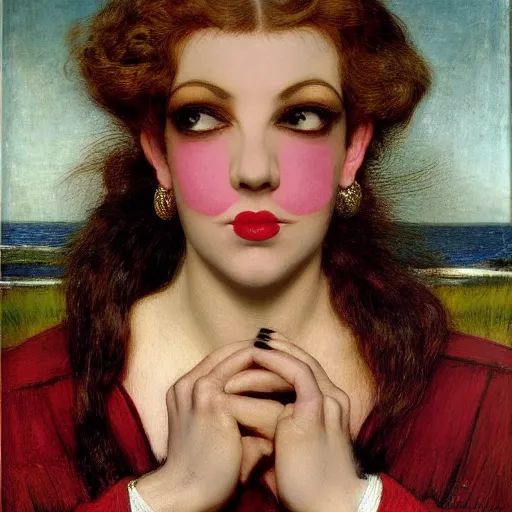 Image similar to portrait of a hybrid of judy garland and lady gaga with marfan syndrome, full lips, downward slanting eyes, with a brown fringe, holman hunt, john william waterhouse, kilian eng, rosetti, john everett millais, william holman hunt, 4 k