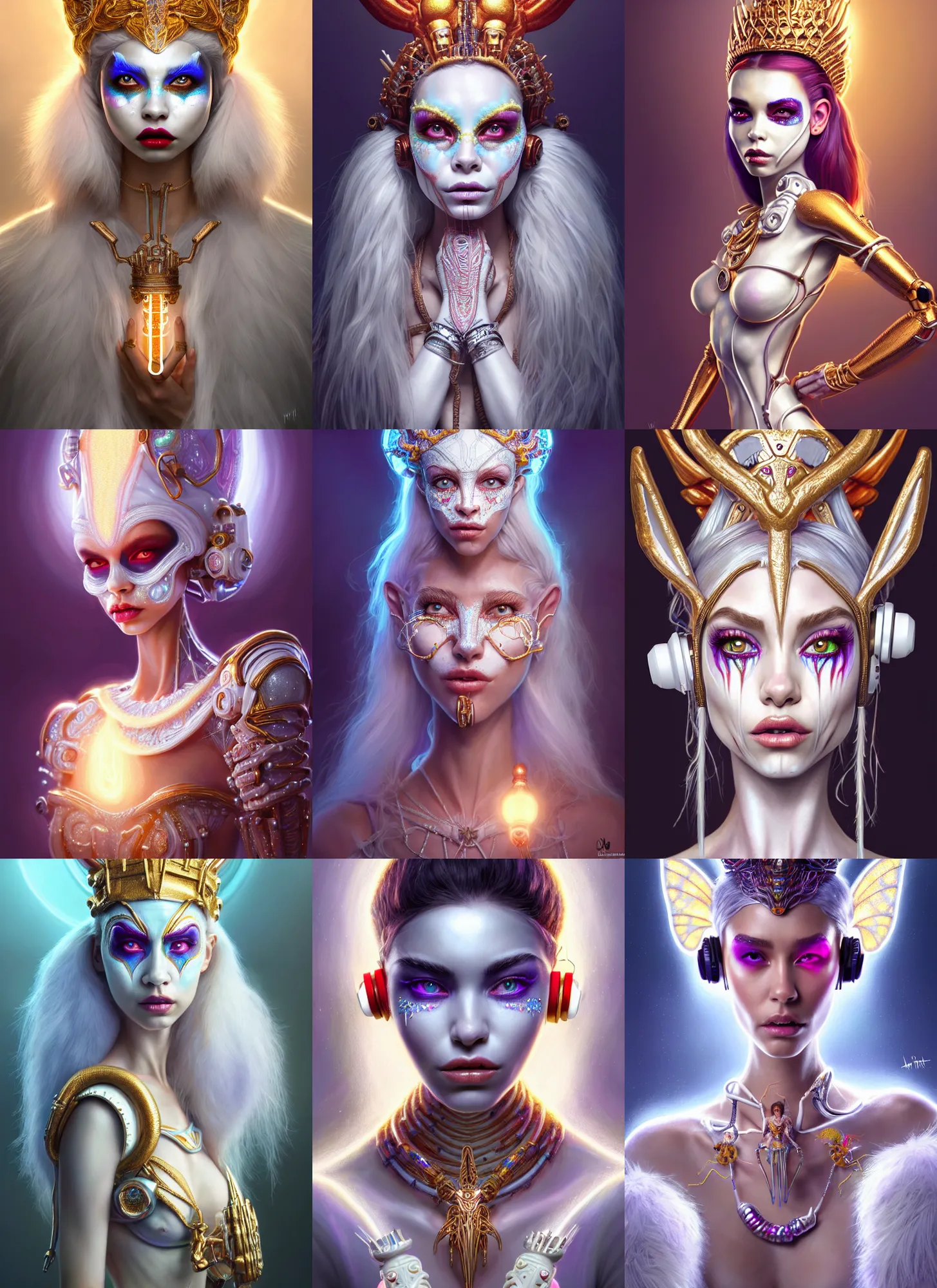 Prompt: bright white polished fairyland clowncore cyborg : : disney weta portrait, soft mayan queen devil madison beer, bling earbuds, hi - fructose, sci - fi fantasy intricate decadent highly - detailed digital painting, golden ratio, octane render, artstation, concept art, smooth, sharp focus, illustration, artgerm, mucha, loish, wlop