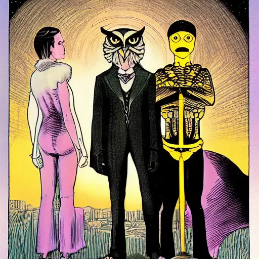 Prompt: nite - owl and silk spectre standing behind the owlship in the style of american gothic by grant wood, nite - owl, silk spectre, owlship, dave gibbons artstyle