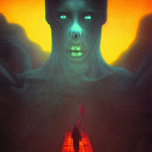 Prompt: demons chasing us, by beksinski and tristan eaton, dark neon trimmed beautiful dystopian digital art